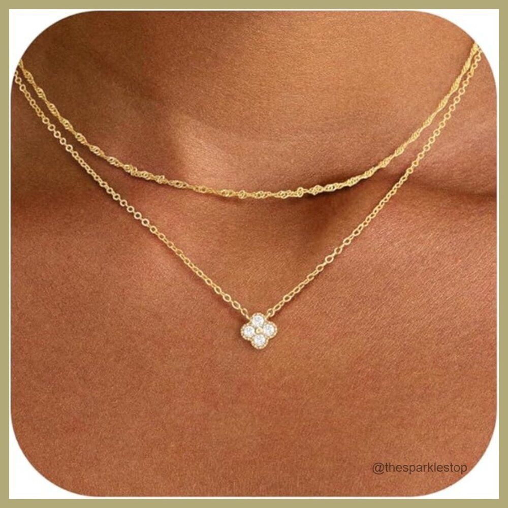 14K Gold Plated Cubic Zirconia Four Leaf Clover Pendant Necklace